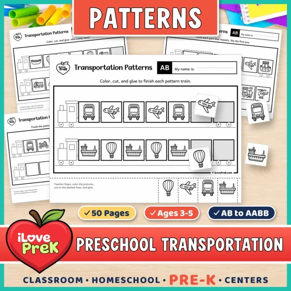 Transportation patterns for preschool and Pre-K: cut and paste pattern train pages from AB to AABB.