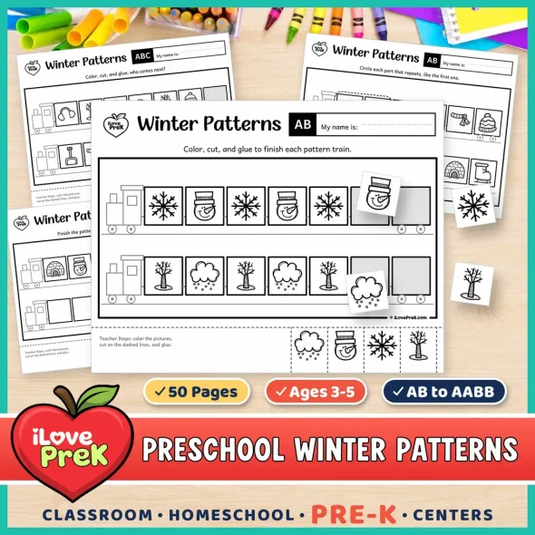 Winter patterns for preschool and Pre-K: cut and paste pattern train pages from AB to AABB.