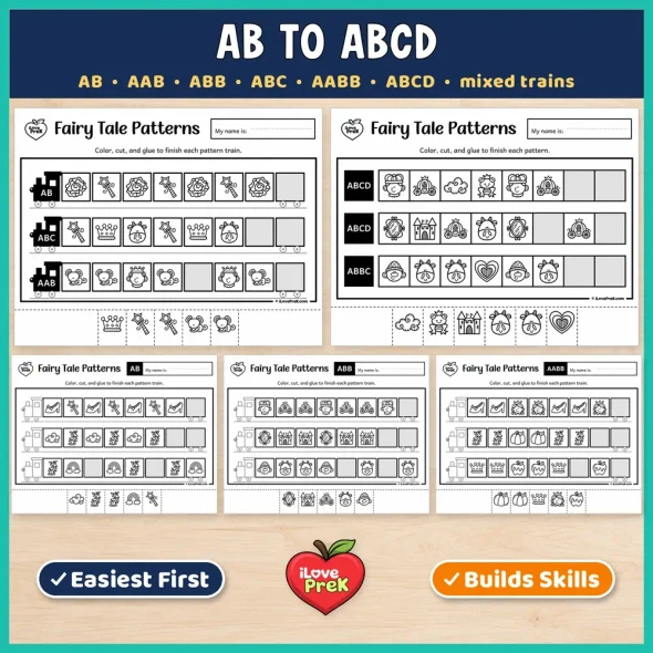 AB to ABCD fairy tale pattern pages with mixed trains for kindergarten and 1st grade.