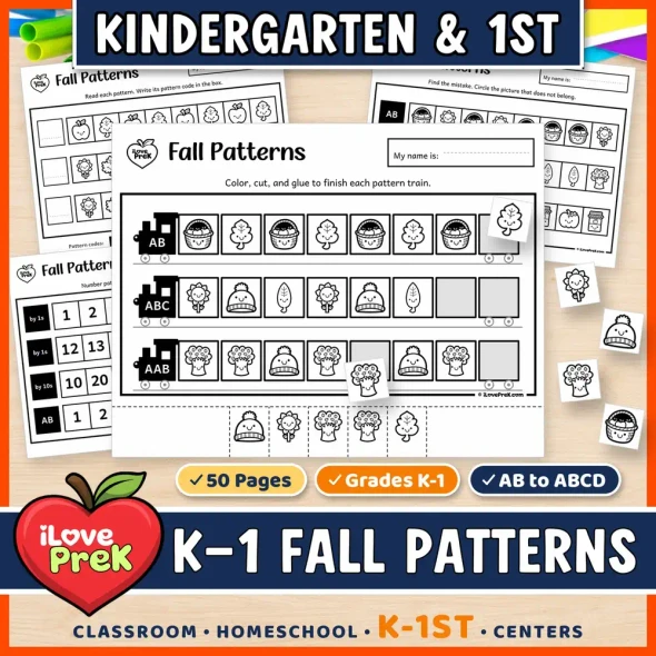 Fall patterns for kindergarten and 1st grade: cut and paste pattern trains from AB to ABCD.