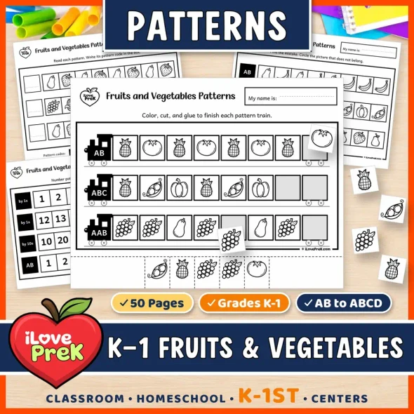 Fruits and Vegetables patterns for kindergarten and 1st grade: cut and paste pattern trains from AB to ABCD.