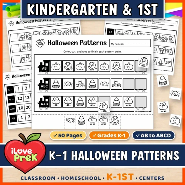 Halloween patterns for kindergarten and 1st grade: cut and paste pattern trains from AB to ABCD.