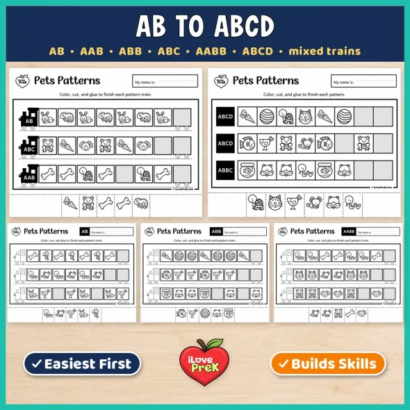 AB to ABCD pets pattern pages with mixed trains for kindergarten and 1st grade.