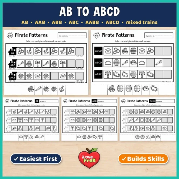 AB to ABCD pirate pattern pages with mixed trains for kindergarten and 1st grade.