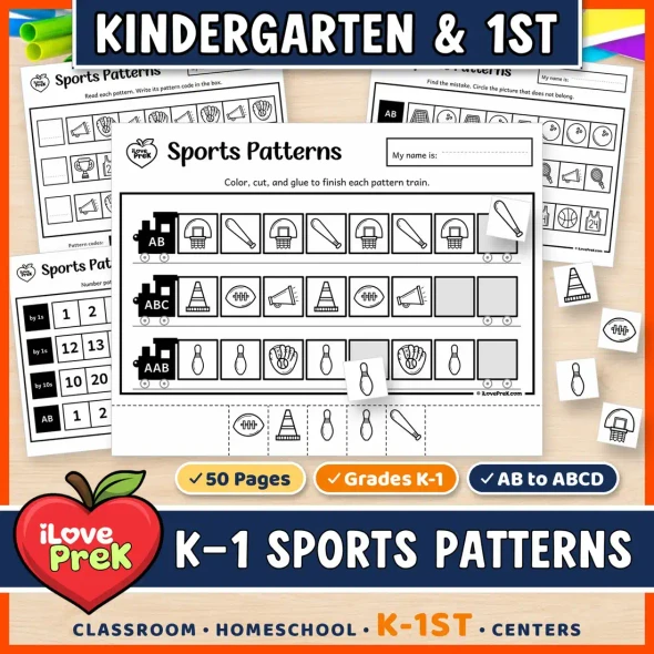 Sports patterns for kindergarten and 1st grade: cut and paste pattern trains from AB to ABCD.