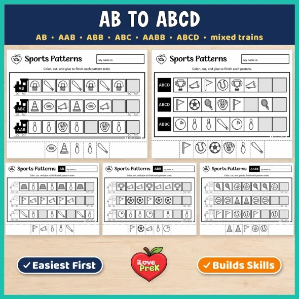AB to ABCD sports pattern pages with mixed trains for kindergarten and 1st grade.