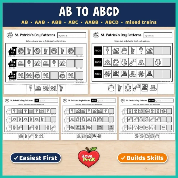 AB to ABCD St. Patrick's Day pattern pages with mixed trains for kindergarten and 1st grade.