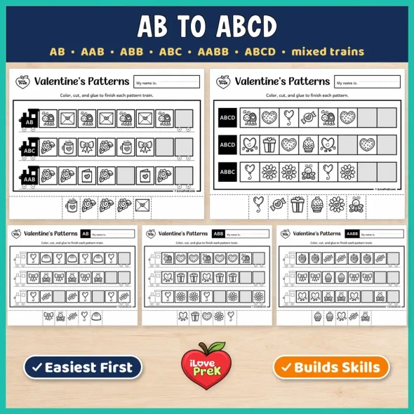 AB to ABCD Valentine's Day pattern pages with mixed trains for kindergarten and 1st grade.