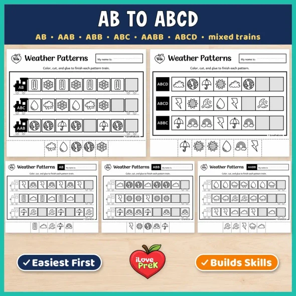 AB to ABCD weather pattern pages with mixed trains for kindergarten and 1st grade.