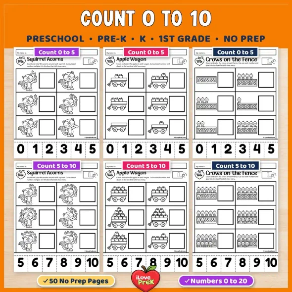No prep fall cut and paste worksheets for counting 0 to 5, 5 to 10 and mixed numbers 0 to 10.