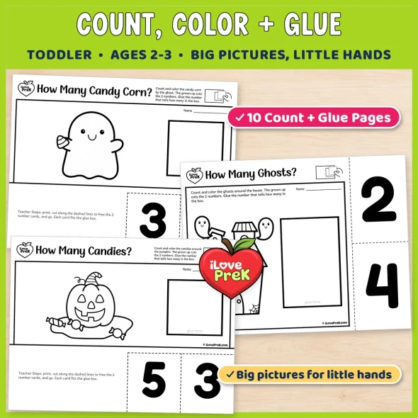 Count, color and glue pages for toddlers: How Many Candy Corn?, Ghosts? and Candies? with big number cards.