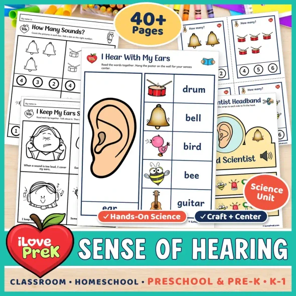Sense of hearing unit for preschool, pre-K and kindergarten with an ear anchor poster, worksheets and a Sound Scientist headband.