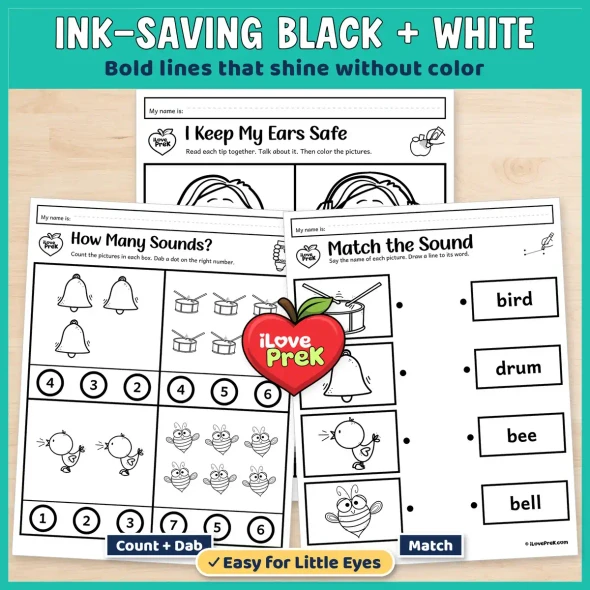 Ink-saving black and white 5 senses worksheets for the sense of hearing, with count, dab and match pages.