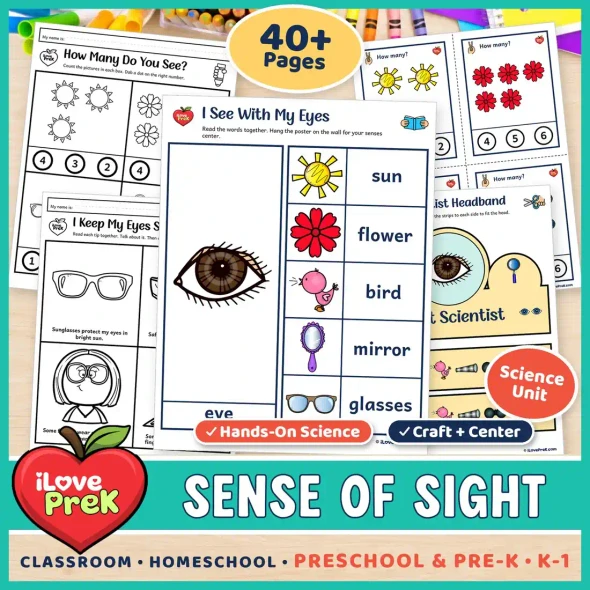 Sense of sight unit for preschool, pre-K and kindergarten with an eye anchor poster, worksheets and a Sight Scientist headband.
