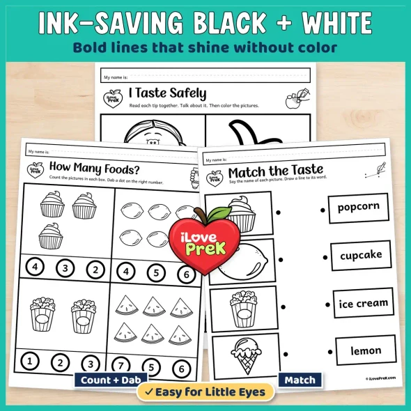 Ink-saving black and white 5 senses worksheets for the sense of taste, with count, dab and match pages.