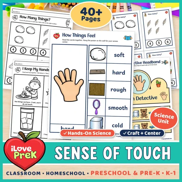 Sense of touch unit for preschool, pre-K and kindergarten with a hand anchor poster, worksheets and a Touch Detective headband.