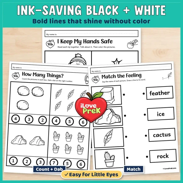 Ink-saving black and white 5 senses worksheets for the sense of touch, with count, dab and match pages.