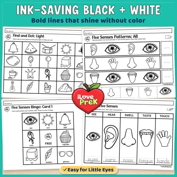 Black and white five senses worksheets: find and dot, patterns, bingo card and the anchor chart to color.