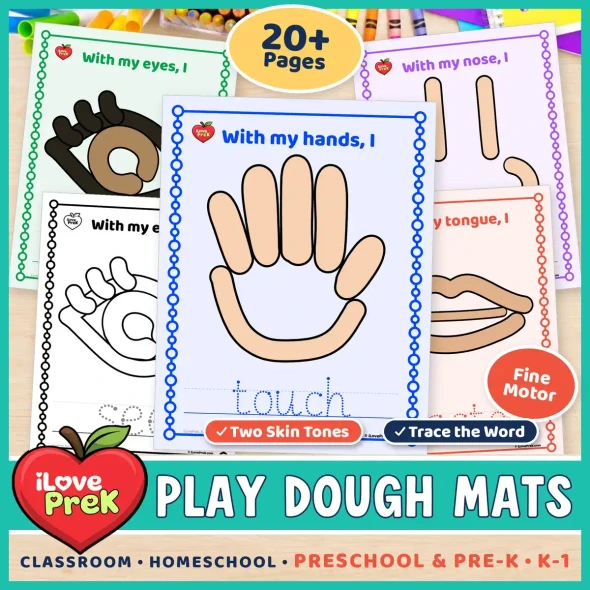 Five senses play dough mats for fine motor practice, one mat for every sense.