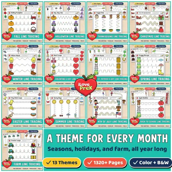 All 13 Line Tracing themes, from fall and Halloween to summer and the farm.