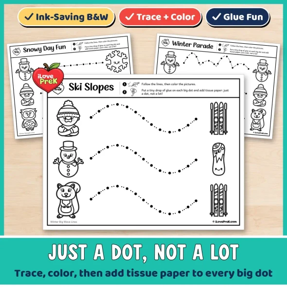 Black and white Winter tracing pages that turn into a Just a Dot glue and tissue paper craft.