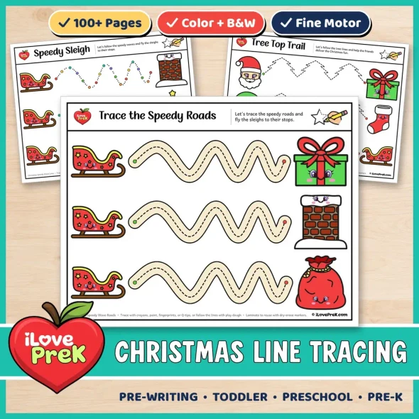 Christmas line tracing worksheets for toddler and preschool, with color and black and white pre-writing pages.