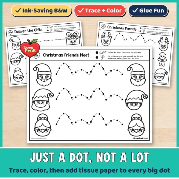 Black and white Christmas tracing pages that turn into a Just a Dot glue and tissue paper craft.