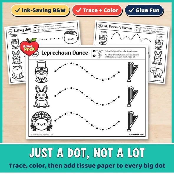 Black and white St. Patrick's Day tracing pages that turn into a Just a Dot glue and tissue paper craft.