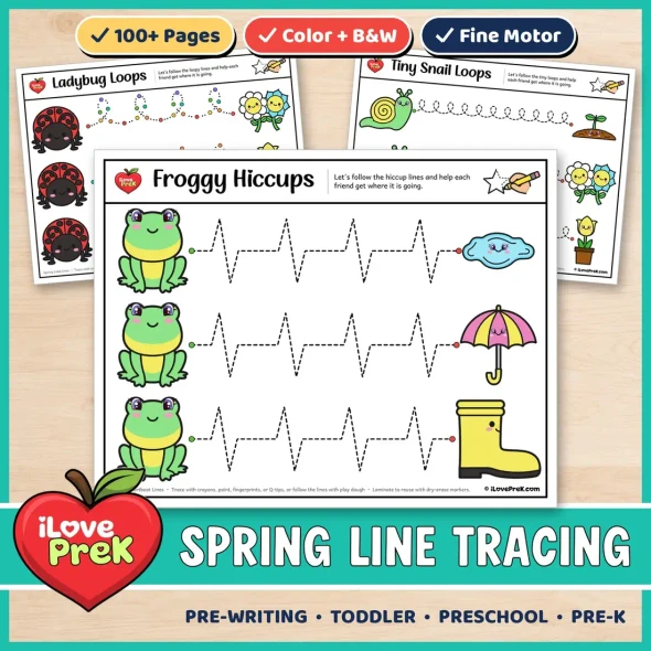 Spring line tracing worksheets for toddler and preschool, with color and black and white pre-writing pages.