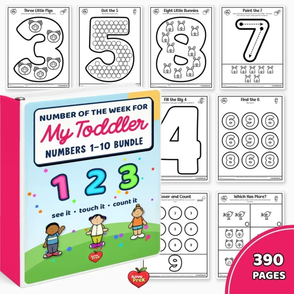 Toddler Number of the Week Bundle binder for numbers 1 to 10 with 390 pages of printables.