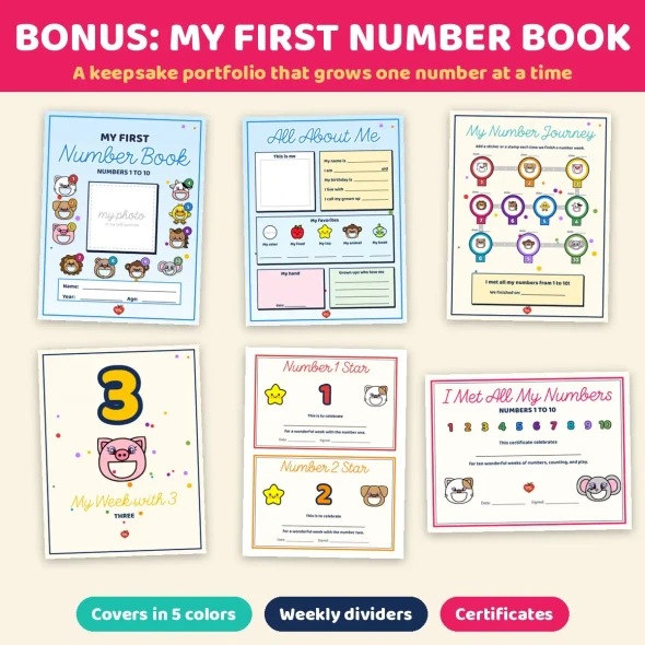Bonus My First Number Book portfolio kit pages with covers, records and certificates.