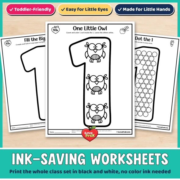 Ink-saving black and white number 1 worksheets: fill the big 1, dot the 1 and One Little Owl.