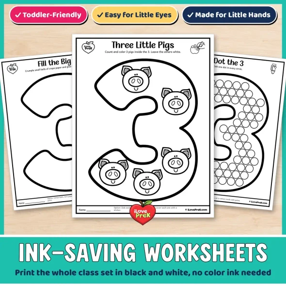 Ink-saving black and white number 3 worksheets: fill the big 3, dot the 3 and Three Little Pigs.