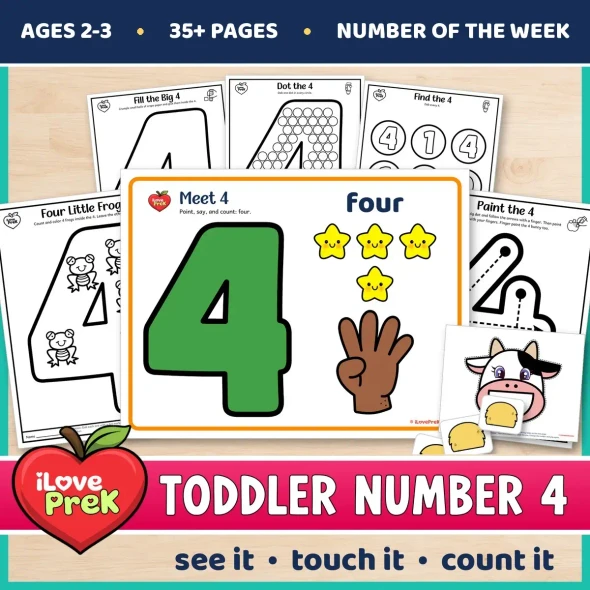 Toddler Number 4 of the Week printables with painting, tracing and counting pages for ages 2 to 3.