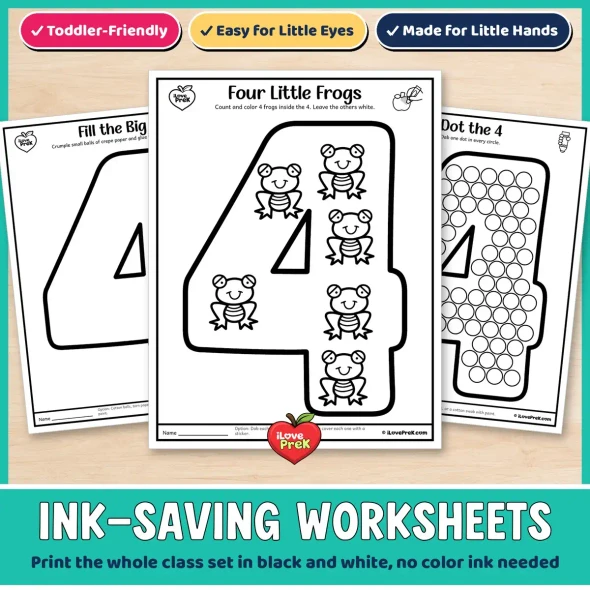 Ink-saving black and white number 4 worksheets: fill the big 4, dot the 4 and Four Little Frogs.