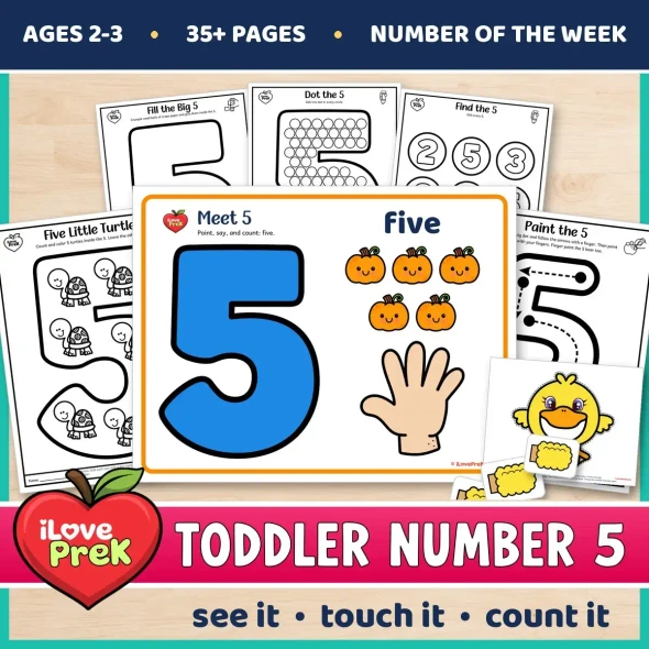 Toddler Number 5 of the Week printables with painting, tracing and counting pages for ages 2 to 3.