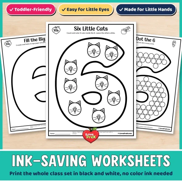 Ink-saving black and white number 6 worksheets: fill the big 6, dot the 6 and Six Little Cats.