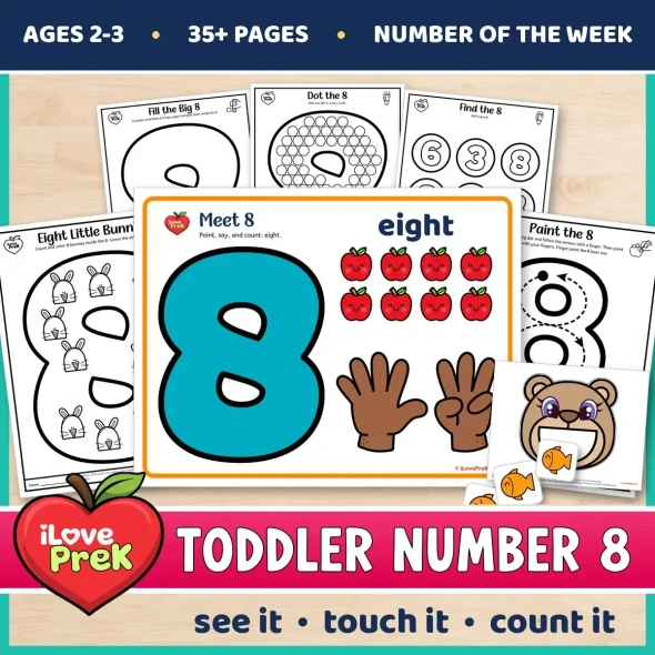 Toddler Number 8 of the Week printables with painting, tracing and counting pages for ages 2 to 3.