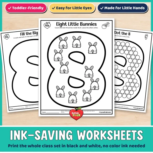 Ink-saving black and white number 8 worksheets: fill the big 8, dot the 8 and Eight Little Bunnies.
