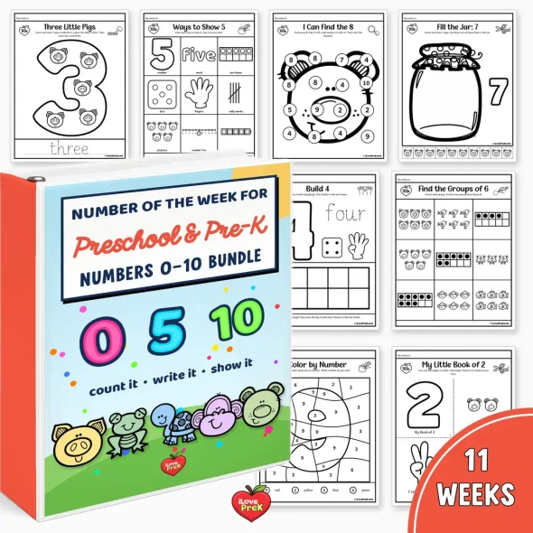 Preschool Number of the Week Bundle binder for numbers 0 to 10, eleven weeks of pre-k math printables.