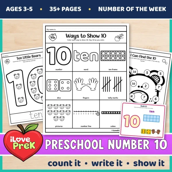 Preschool Number 10 of the Week printables for ages 3 to 5, starting with Ways to Show 10.
