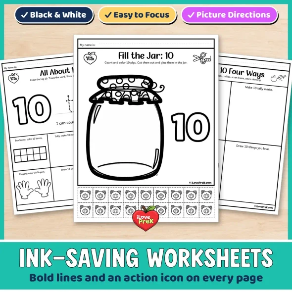 Ink-saving black and white number 10 worksheets with bold lines and picture directions.