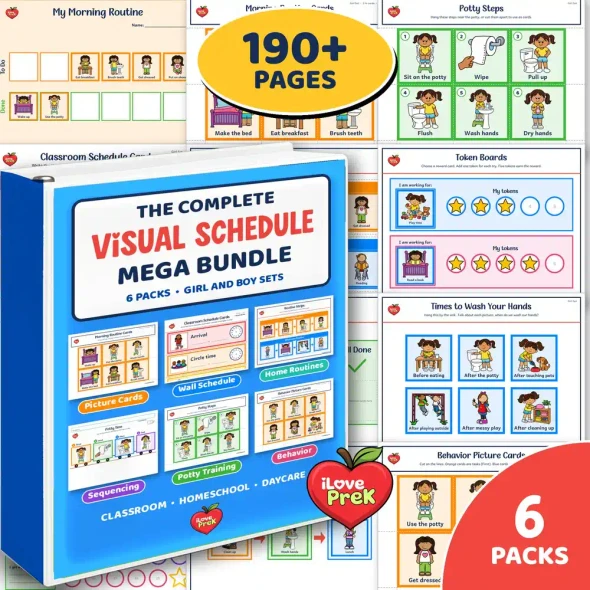 Visual Schedule Mega Bundle binder with all 6 routine packs for toddlers through 1st grade.