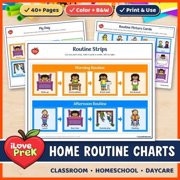 Home routine charts for toddlers and preschool with To Do and Done boards and picture cards.