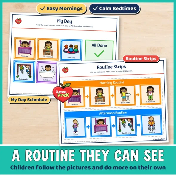 A morning routine children can see: move each picture card from To Do to Done.