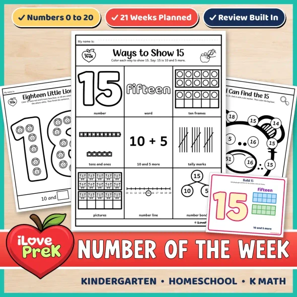 Number of the Week pages for kindergarten: Ways to Show 15, I Can Find and a Build card.