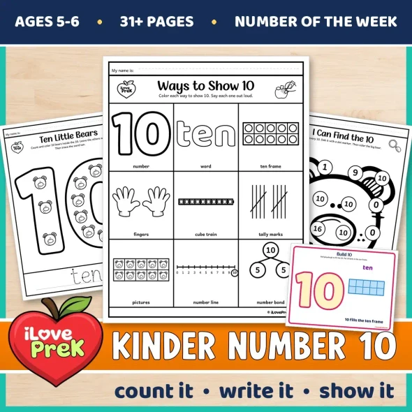 Kindergarten Number 10 of the Week printables for ages 5 to 6, starting with Ways to Show 10.