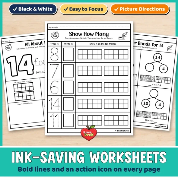 Ink-saving black and white number 14 worksheets with bold lines and an action icon on every page.