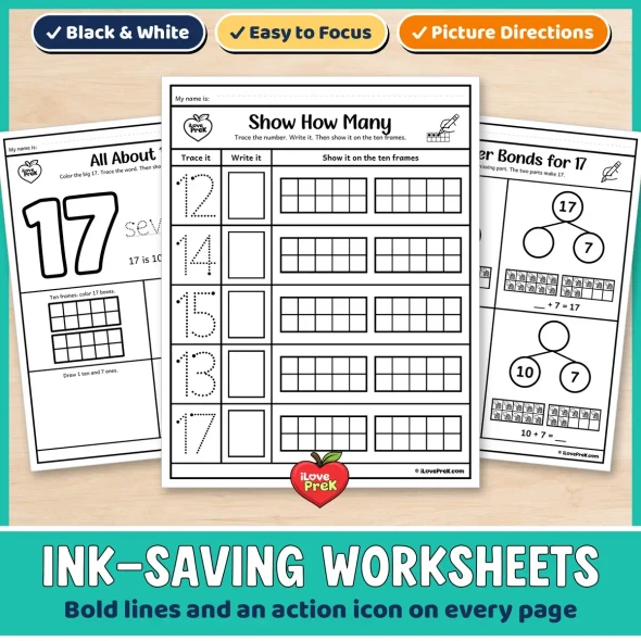Ink-saving black and white number 17 worksheets with bold lines and an action icon on every page.