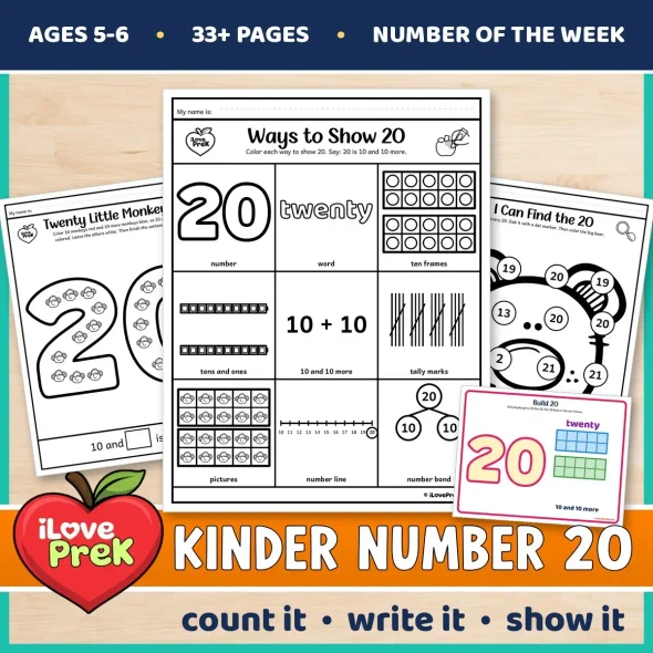 Kindergarten Number 20 of the Week printables for ages 5 to 6, starting with Ways to Show 20.